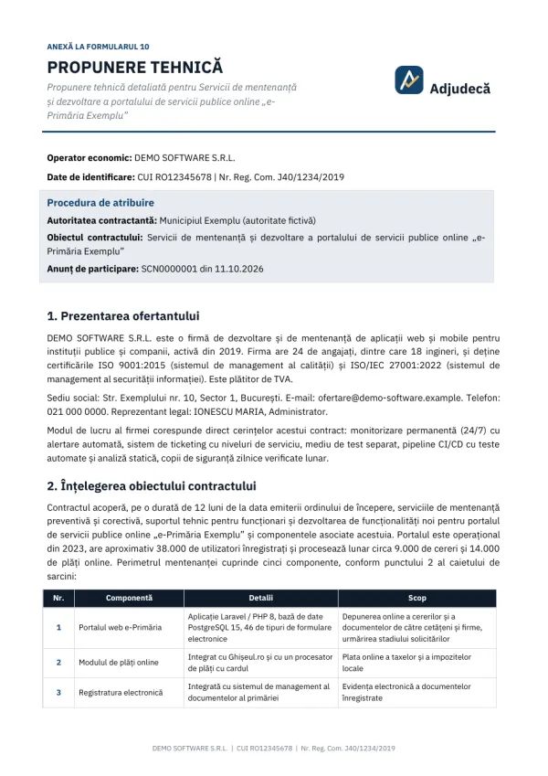 Prima pagină: Anexă la propunerea tehnică (propunere detaliată)