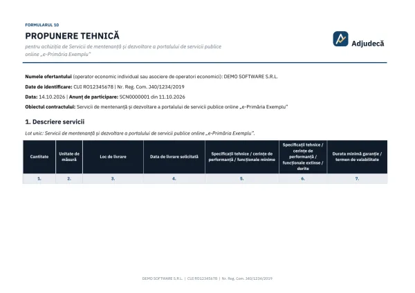 Prima pagină: Propunere tehnică (formular)