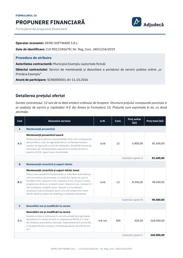 Prima pagină: Propunere financiară