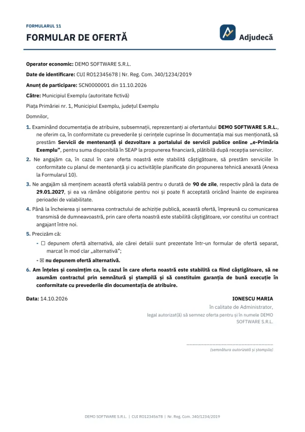 Prima pagină: Formularul de ofertă