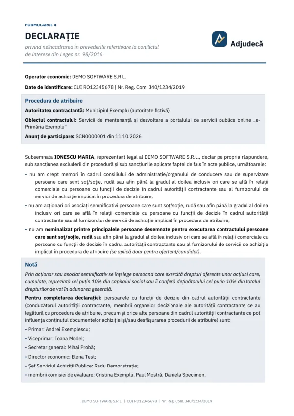 Prima pagină: Declarație privind conflictul de interese