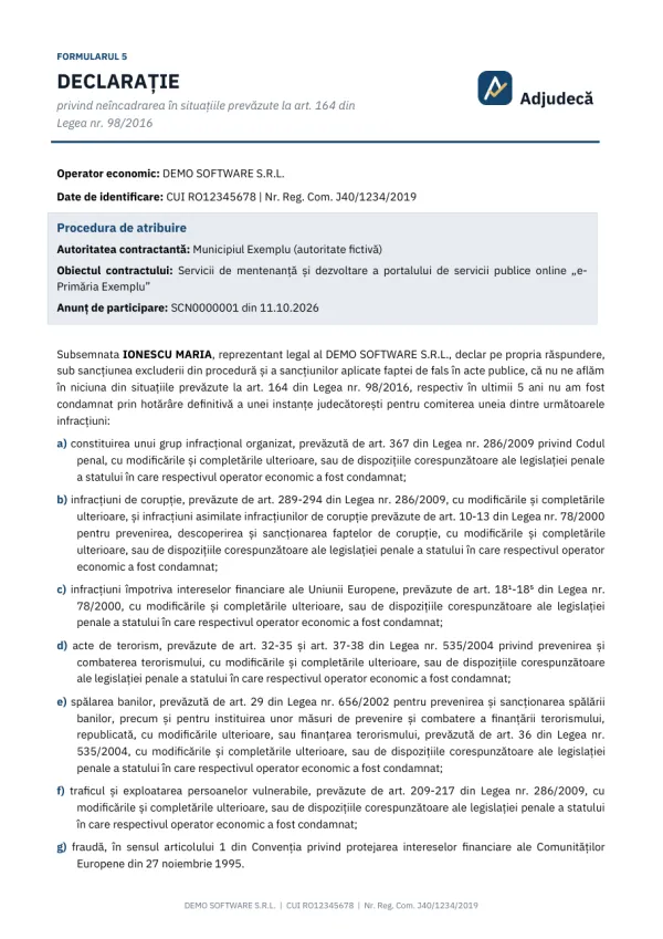 Prima pagină: Declarație privind neîncadrarea în art. 164