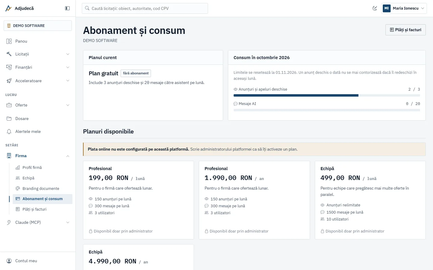 Pagina Abonament și consum, cu planul curent, consumul lunii și planurile disponibile