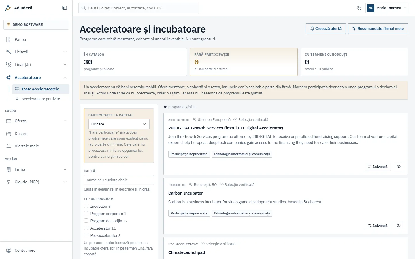 Catalogul de acceleratoare și incubatoare, cu filtrele și insignele de participație la capital