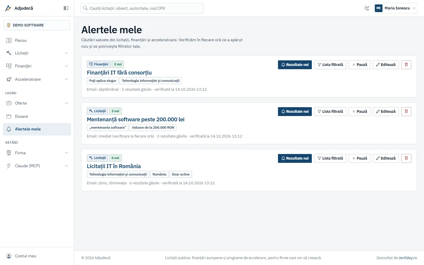 Pagina Alertele mele, cu lista alertelor, rezultatele noi și butoanele Pauză, Editează și Șterge