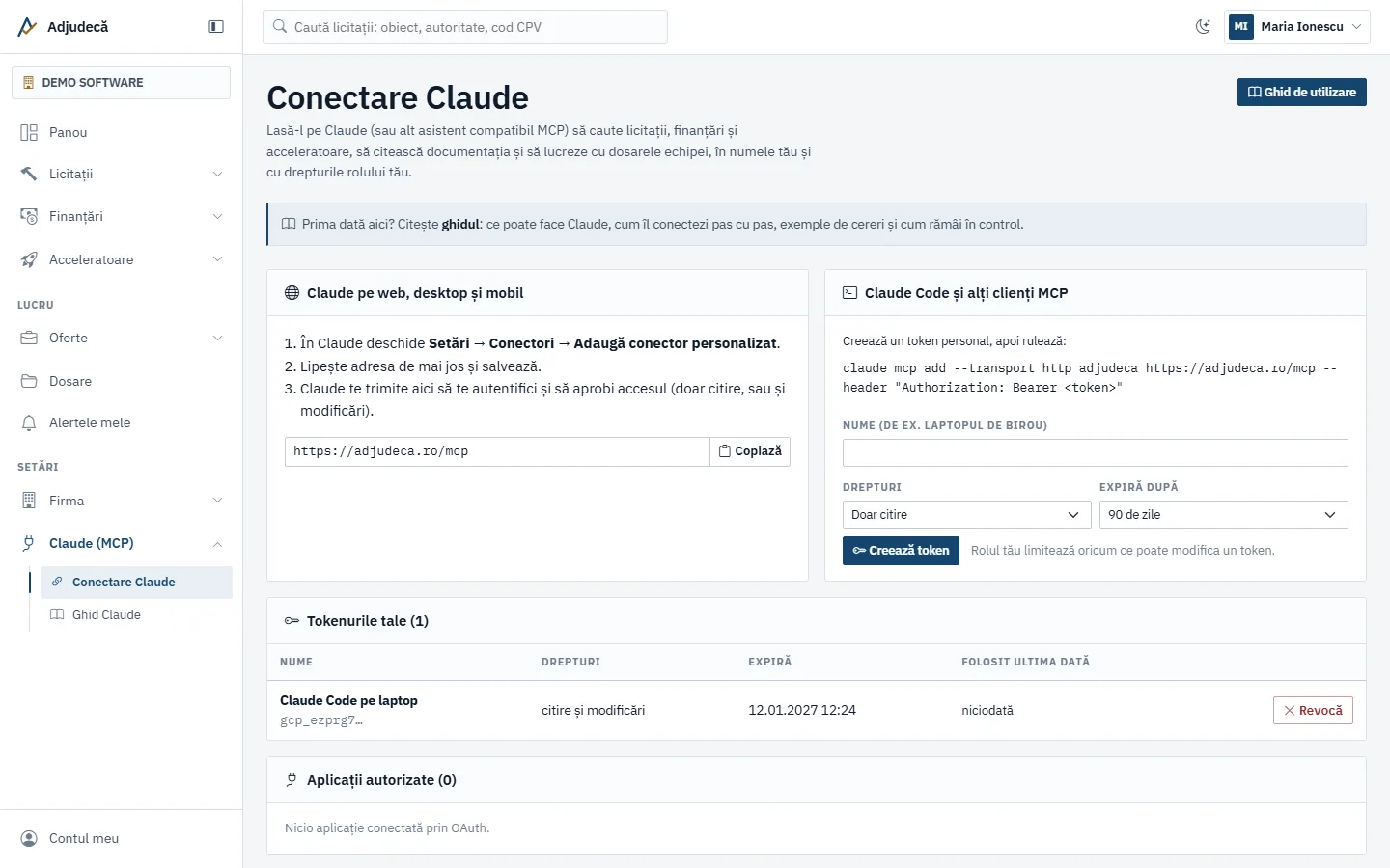 Pagina Conectare Claude, cu adresa conectorului pentru Claude pe web și formularul de token pentru Claude Code