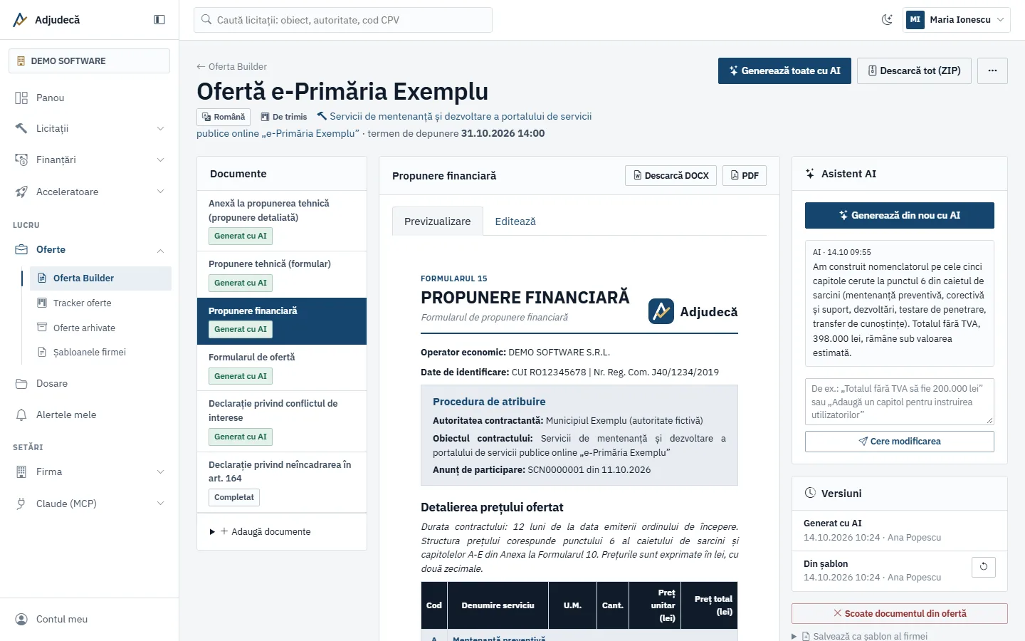 Propunerea financiară a unei oferte în Oferta Builder, cu lista documentelor în stânga și asistentul AI și versiunile în dreapta