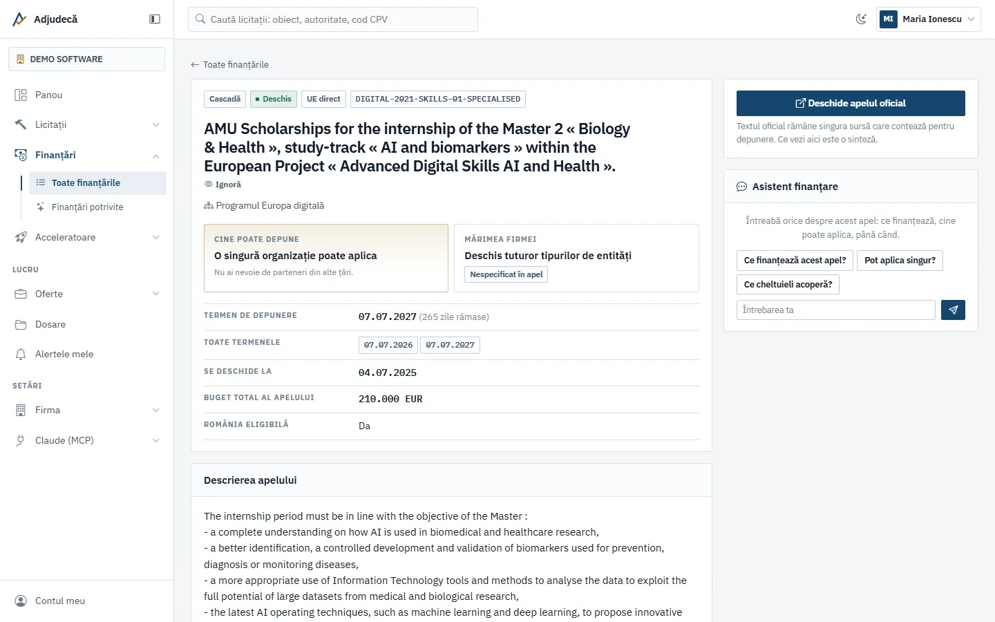 Pagina unui apel de finanțare, cu cine poate depune, mărimea firmei, detaliile apelului și asistentul de finanțare