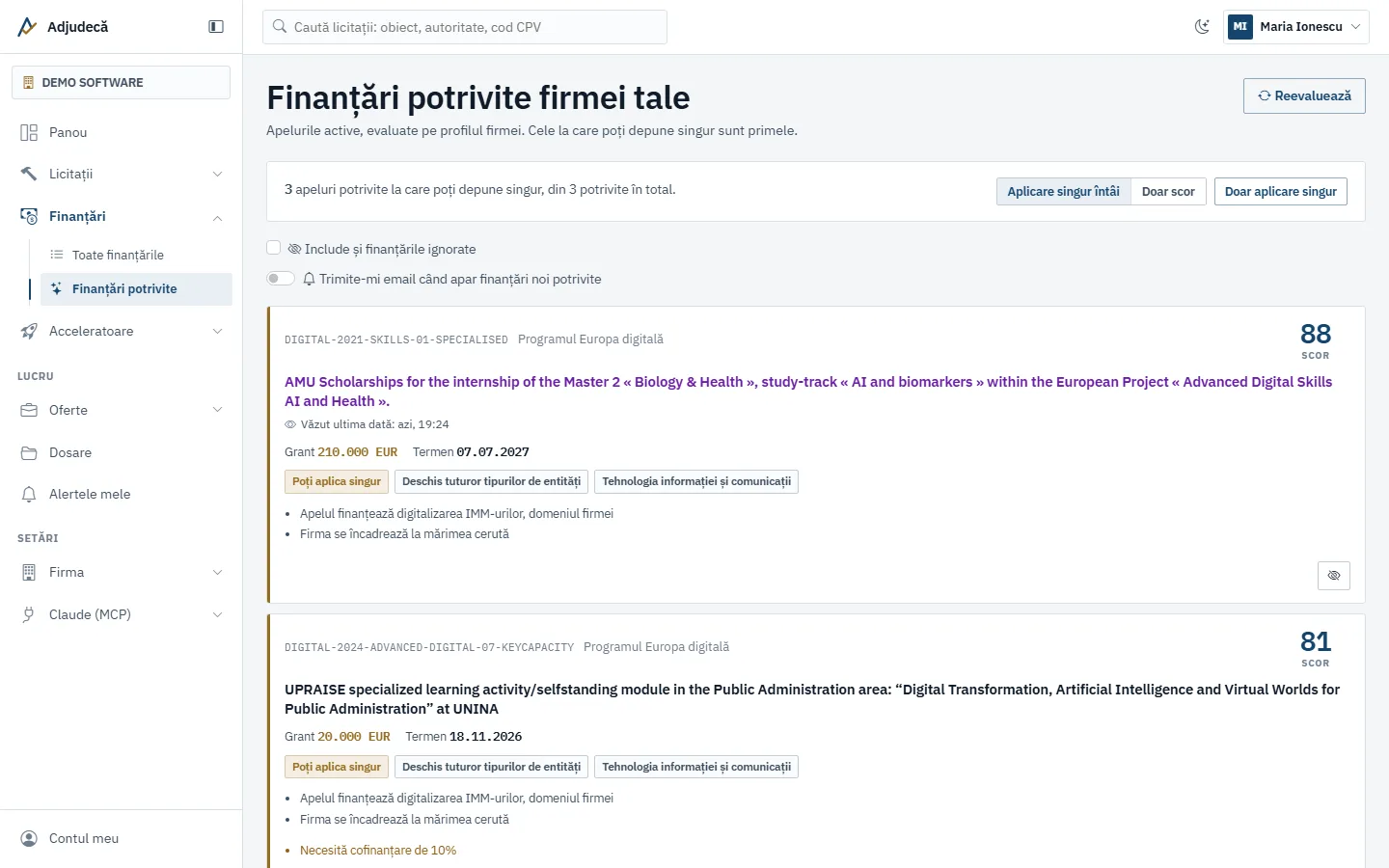 Pagina Finanțări potrivite firmei tale, cu scorul, motivele și piedicile fiecărui apel