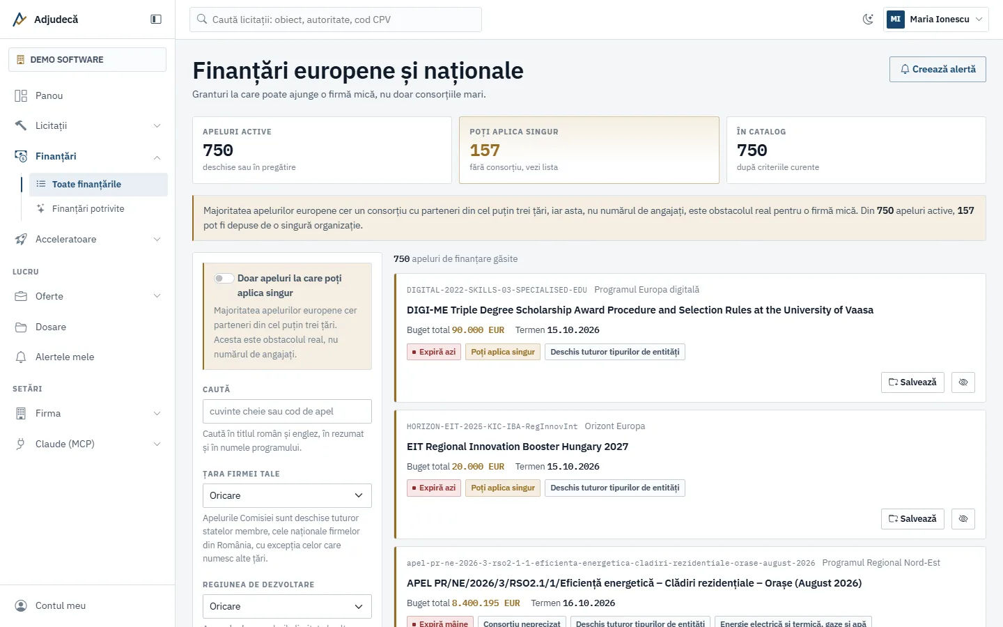 Lista de finanțări europene și naționale, cu filtrele și insignele Poți aplica singur sau Necesită consorțiu