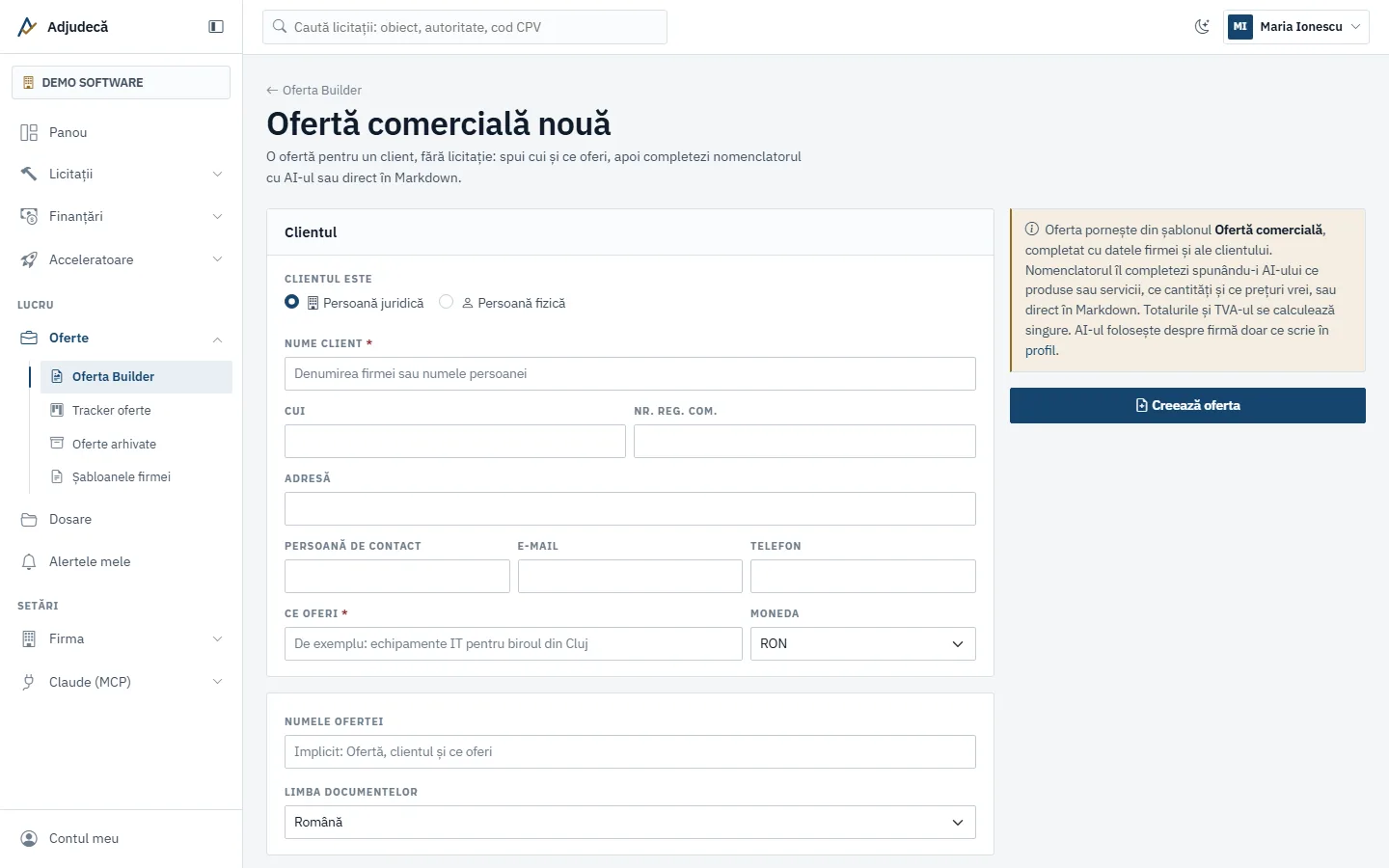 Formularul Ofertă comercială nouă, cu datele clientului, obiectul ofertei și moneda