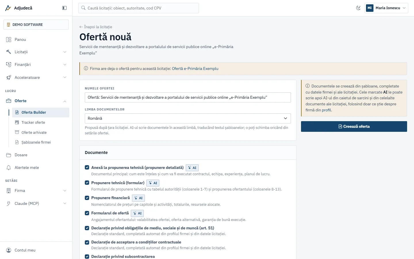 Formularul Ofertă nouă pentru o licitație, cu numele ofertei, limba documentelor și lista de documente de bifat