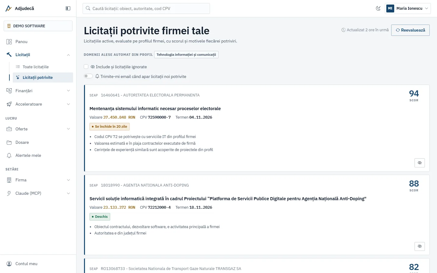 Pagina Licitații potrivite firmei tale, cu scorul fiecărei licitații și motivele potrivirii