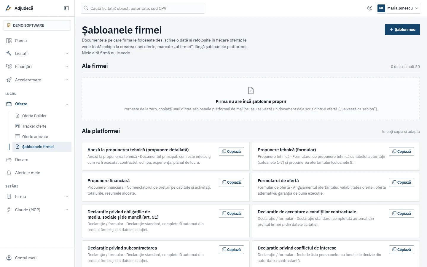 Pagina Șabloanele firmei, cu șabloanele proprii și șabloanele platformei care pot fi copiate