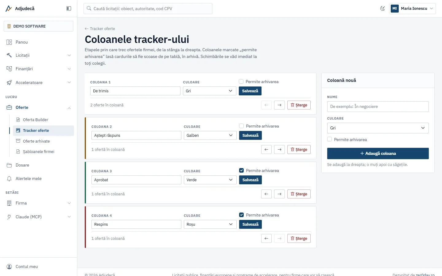 Configurarea coloanelor tracker-ului: nume, culoare, ordine și permisiunea de arhivare