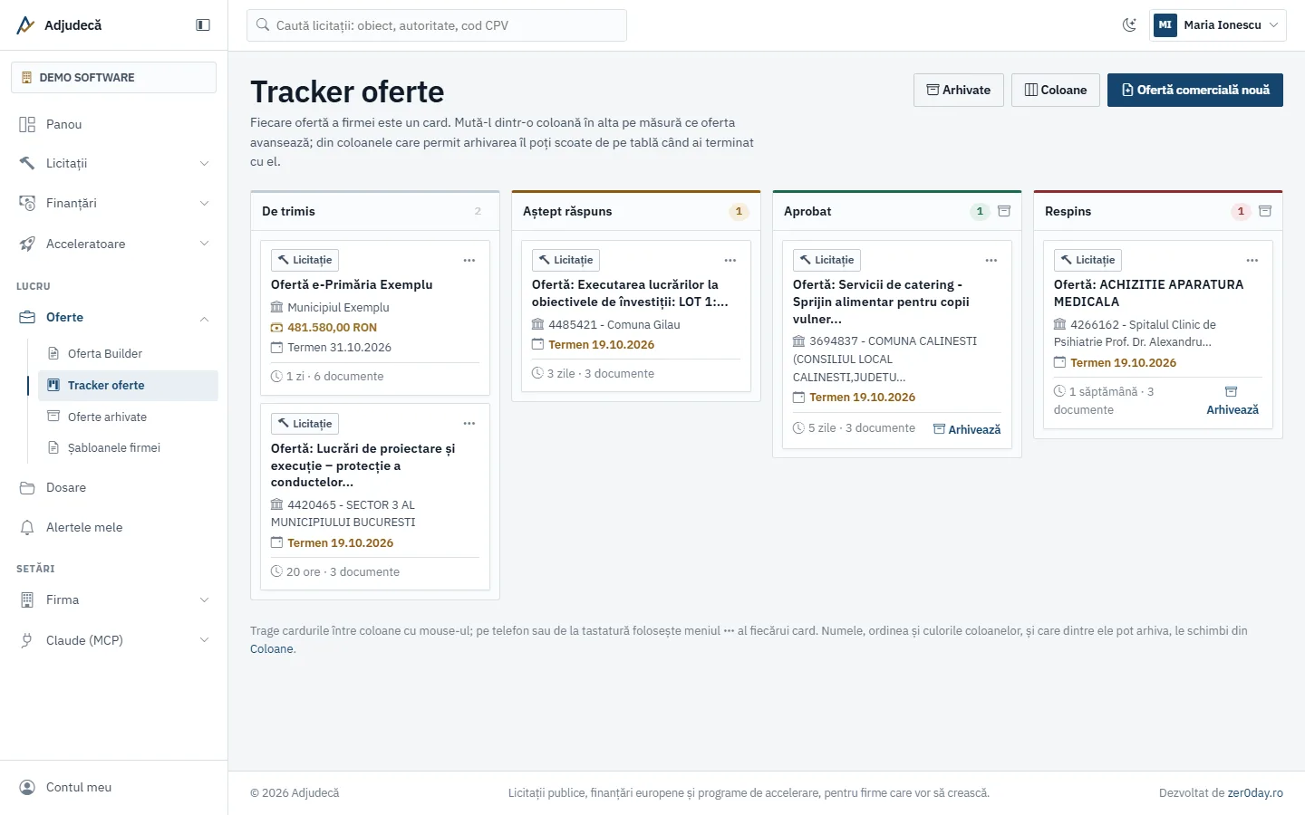 Tracker oferte: ofertele firmei pe coloanele De trimis, Aștept răspuns, Aprobat și Respins