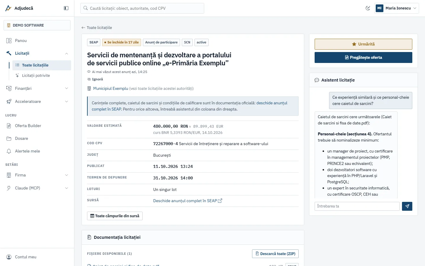 Pagina unei licitații cu documentația descărcată și asistentul AI care răspunde din caietul de sarcini