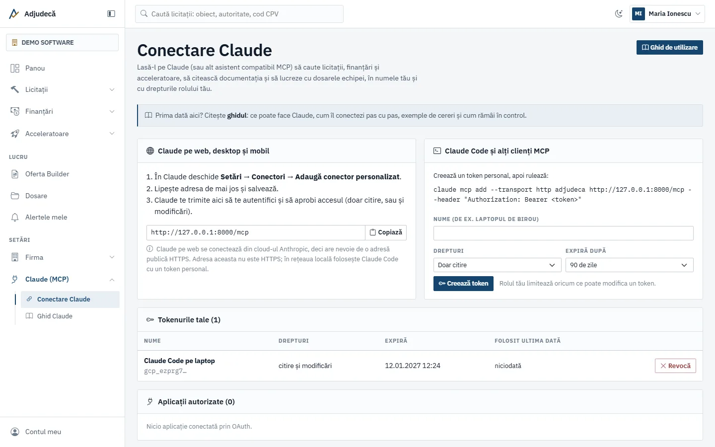 Pagina de conectare cu Claude, cu tokenurile personale și activitatea recentă