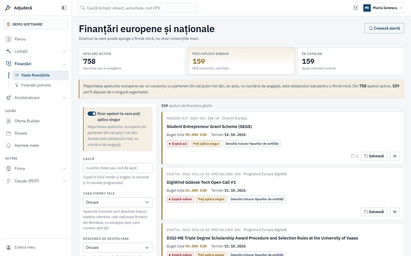 Catalogul de finanțări europene și naționale, cu filtrul pentru apelurile la care se poate aplica fără consorțiu