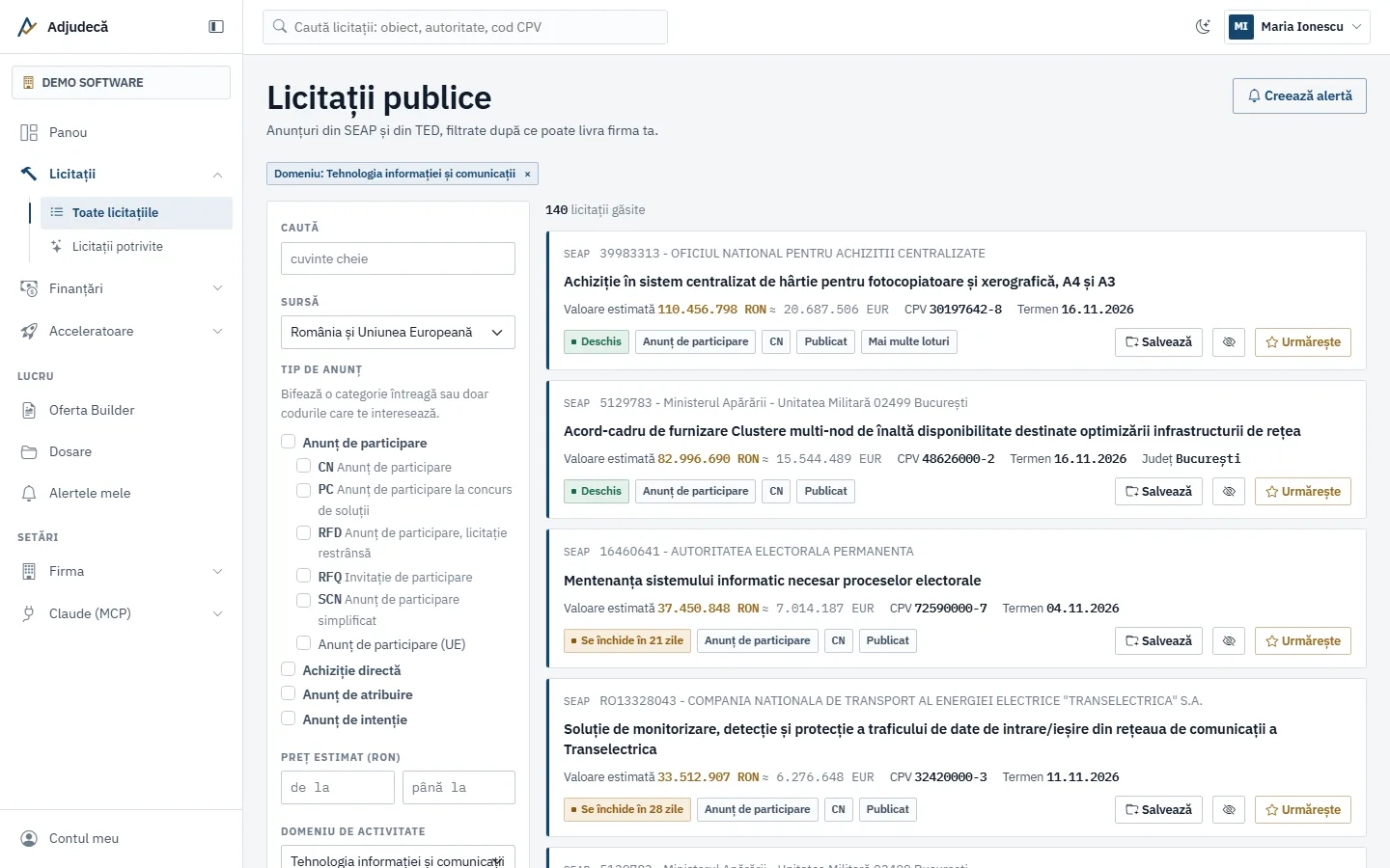 Lista de licitații publice cu filtrele pe țară, județ, CPV, valoare și termen