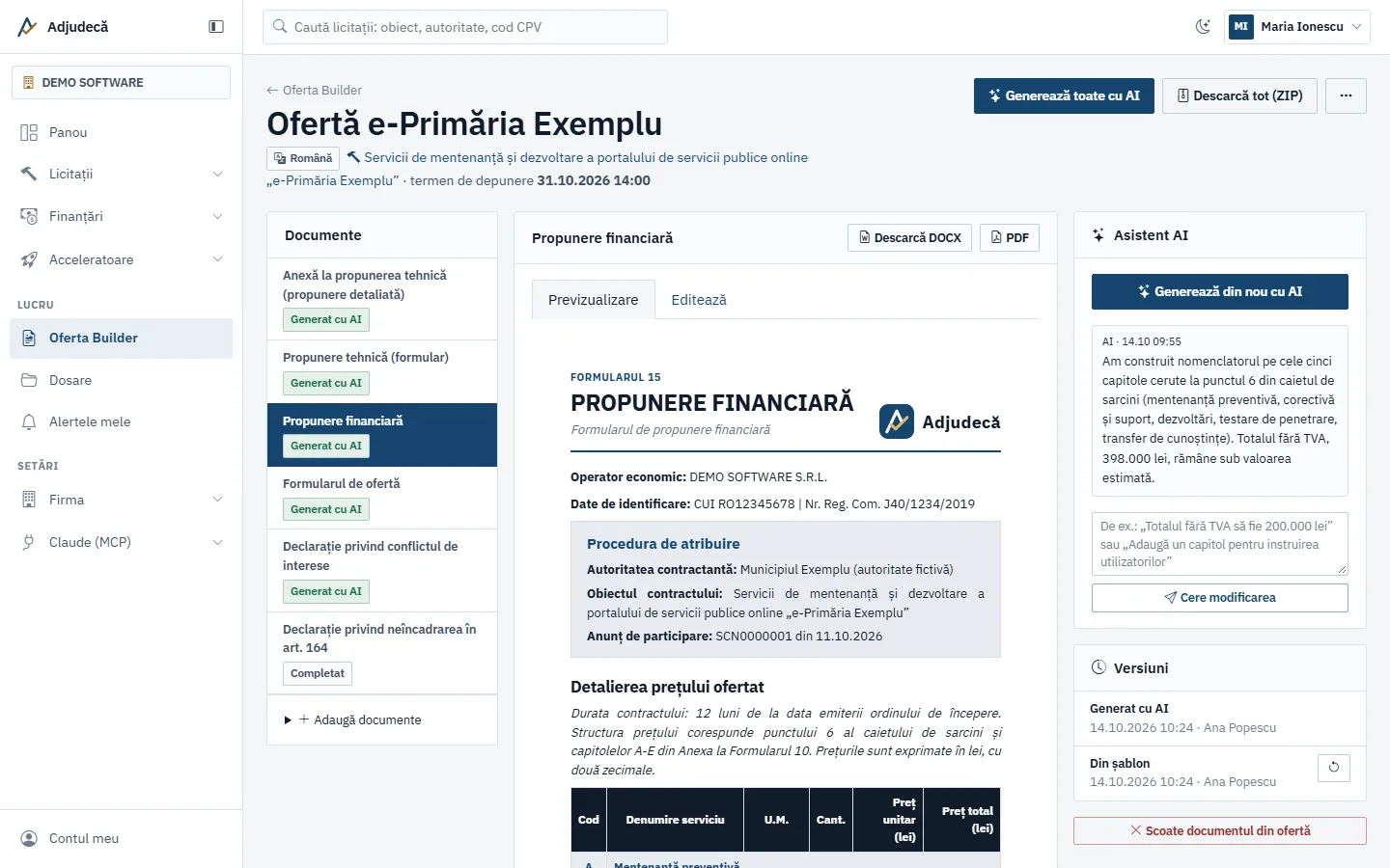 Oferta Builder: propunerea financiară scrisă de AI pentru o licitație, cu nomenclatorul pe capitole și totalurile calculate automat