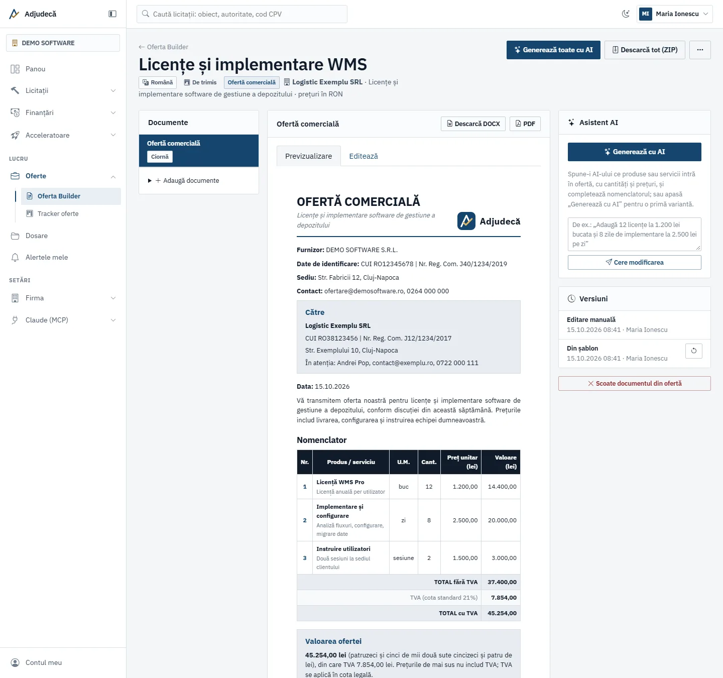 O ofertă comercială pentru un client în Oferta Builder, cu nomenclatorul calculat automat și asistentul AI alături