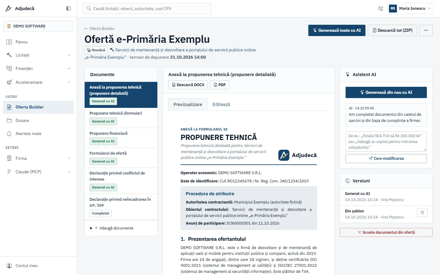 Anexa la propunerea tehnică scrisă de AI în Oferta Builder, cu versiunile și asistentul alături