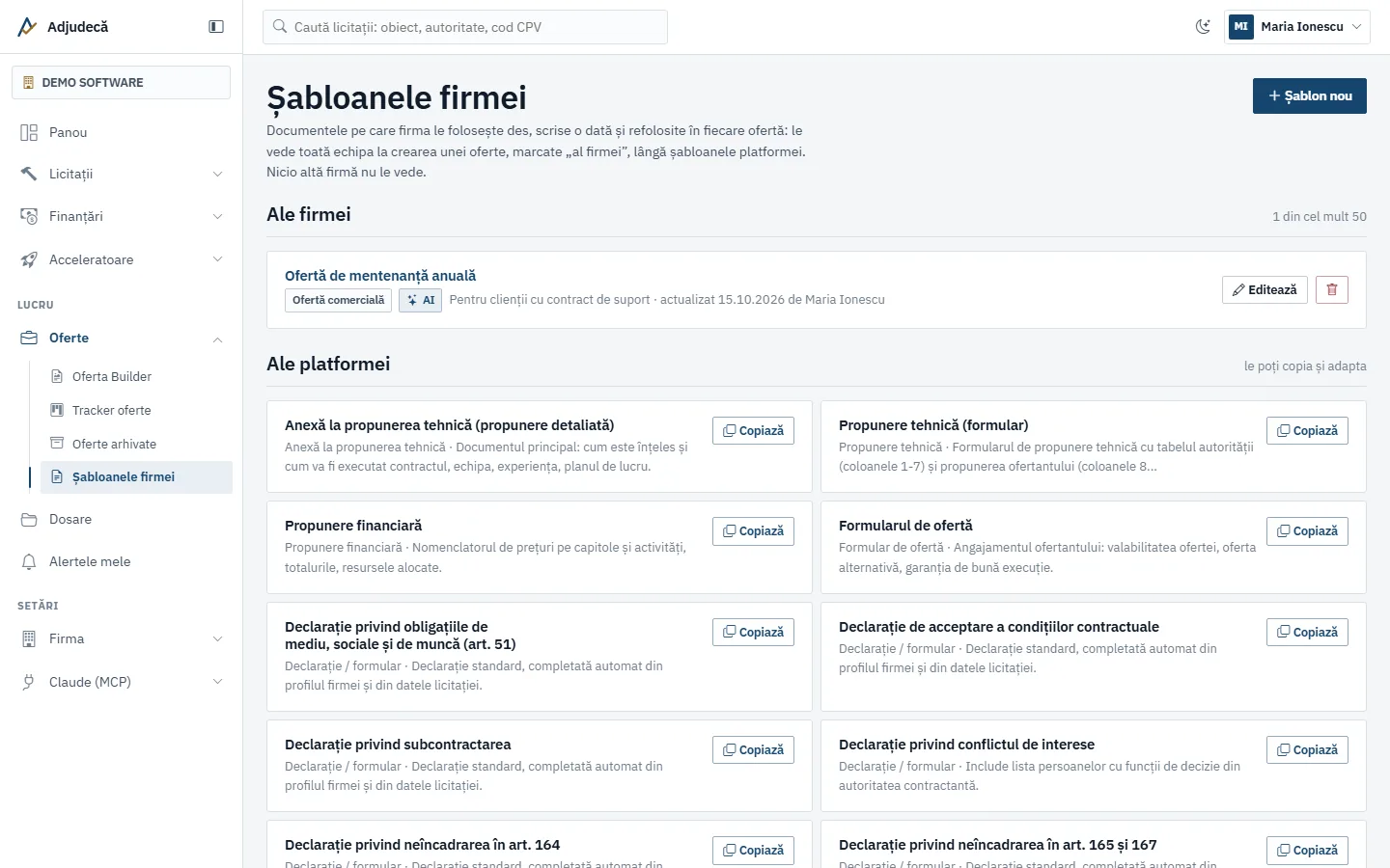 Șabloanele firmei în Oferta Builder: un șablon propriu al firmei și șabloanele platformei, gata de copiat și adaptat