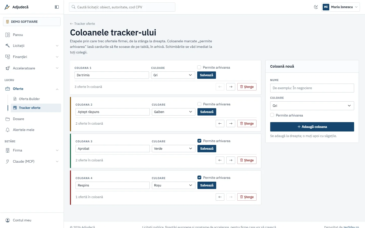 Configurarea coloanelor tracker-ului: nume, culoare, ordine și permisiunea de arhivare