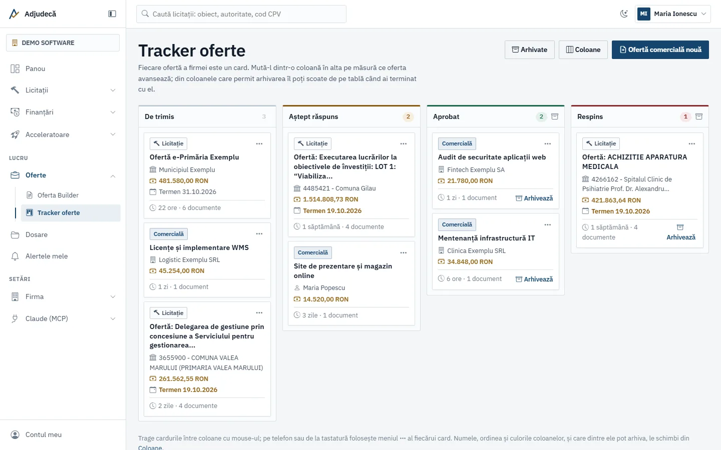 Tracker oferte: ofertele firmei pe coloanele De trimis, Aștept răspuns, Aprobat și Respins, cu valoarea și termenul pe fiecare card